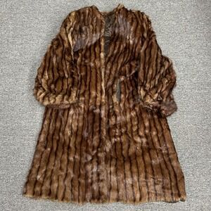Unbranded Real Fur Coat Womens OS Brown Striped Mid Length Vintage Monogrammed